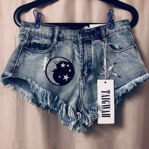 Cut off denim sorts, sequin star and moon